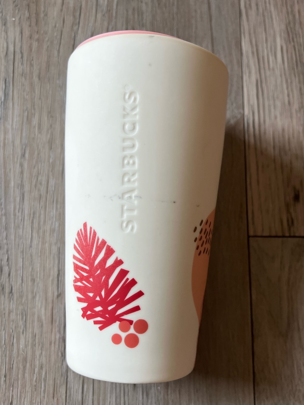 Starbucks Cream and Pink Ceramic Travel Tumbler with Coral Motif